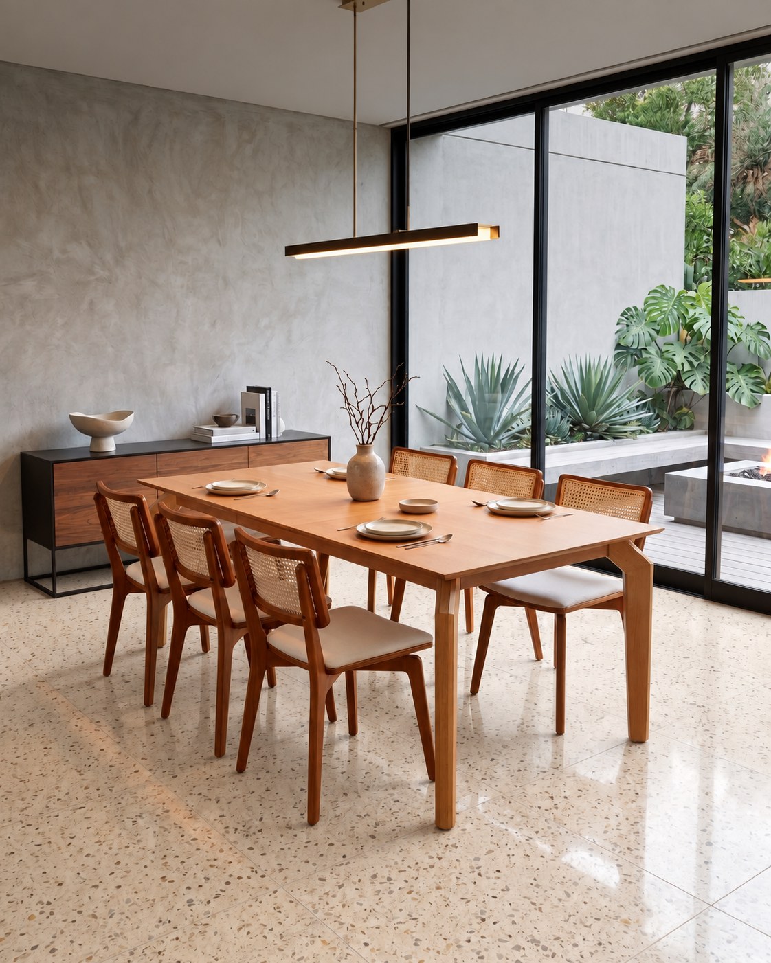 Mesa Prince em madeira com seis cadeiras Luana de palhinha, numa sala com piso de granilite e janela para o jardim